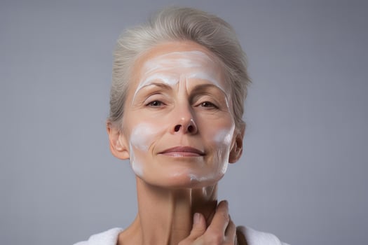 AI generated Meticulous Senior woman applying cosmetic banner. Generate Ai photo