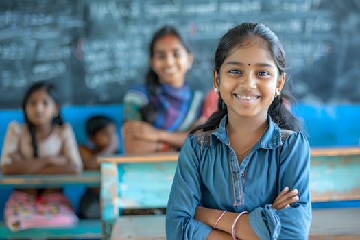 AI generated Portrait of smiling schoolgirl standing with arms crossed in classroom. photo