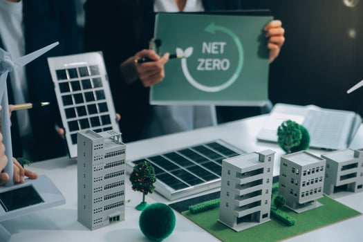 Carbon offset price report CO2 emission. Future growth Net zero waste in ESG ethical SME office protect climate change global warming social issues project. Group of asia people Eco friendly SDGs plan photo