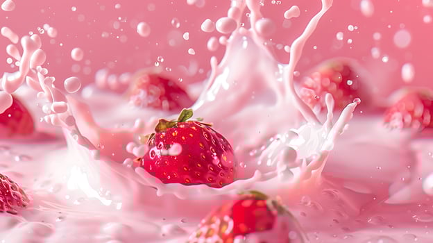 AI generated Milk splash with strawberries isolated on pink background photo