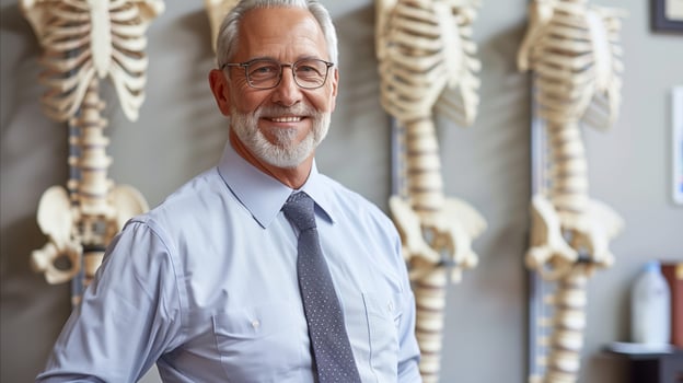 Senior Professor Smiling in Anatomy Classroom With Skeleton Models photo