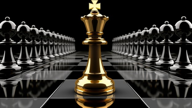 Gleaming Golden Queen on Chessboard Against Black and White Pawns photo