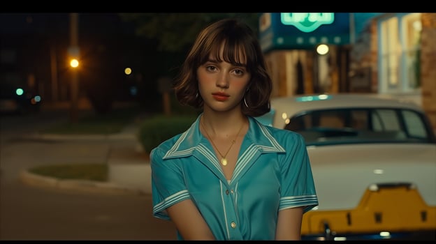 Young Woman Standing Alone at Night in a Retro-Styled Street photo