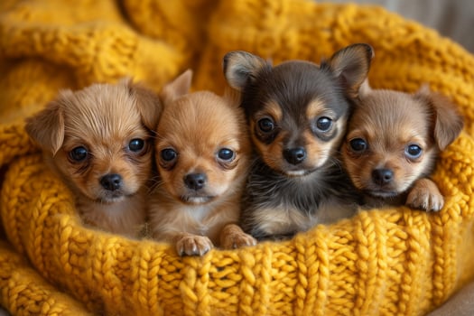 AI generated Four cute chihuahua puppies in knitted basket photo