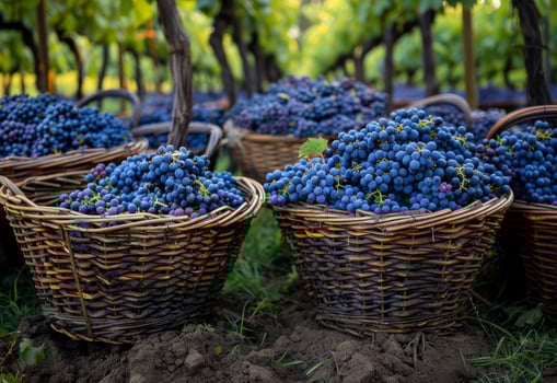 AI generated Baskets full of grapes in vineyard photo