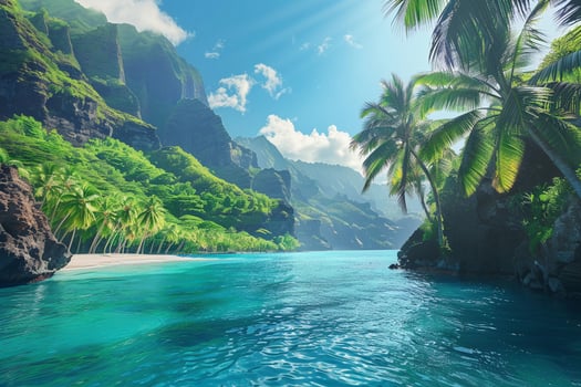 AI generated A breathtaking tropical paradise with palm trees and clear blue waters set against majestic rocky mountains. photo