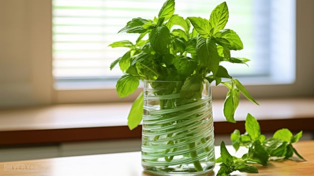 Glass vase with bunches of fresh mint leaves photo
