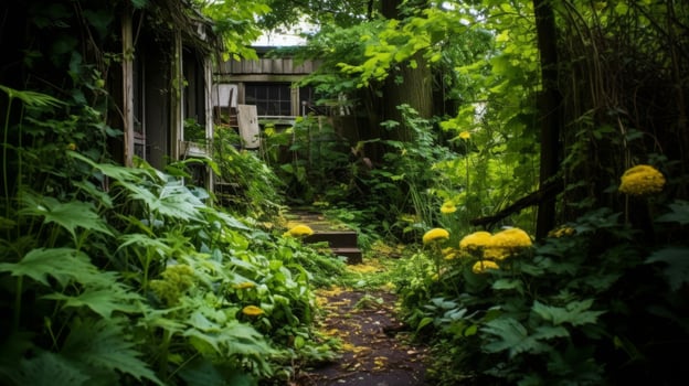 Untamed garden with lush greenery in disuse photo