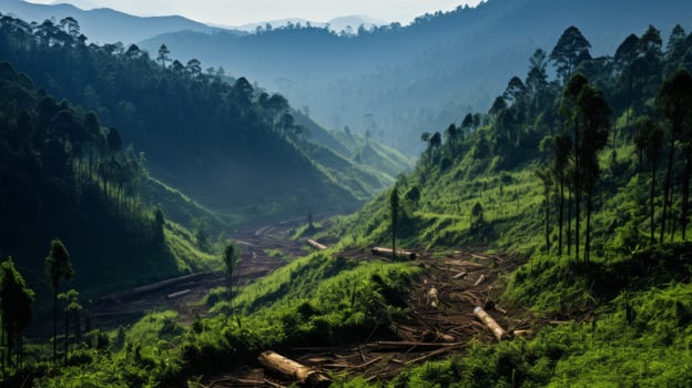 Deforested area contrasted with lush forest photo