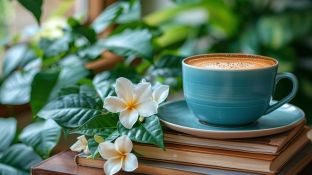 AI generated Coffee Cup on Stack of Books photo