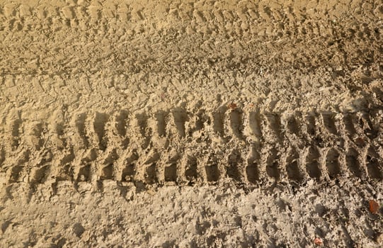 Wheel track on mud. Traces of a tractor or heavy off-road car on brown mud in wet meadow photo