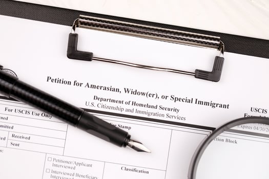 I-360 Petition for Amerasian, Widower or special immigrant blank form on A4 tablet lies on office table with pen and magnifying glass photo