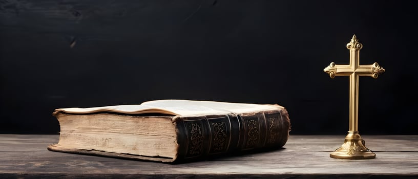 Old holy bible with golden cross on old rustic vintage wooden table and black wall. Church faith Christian background banner panorama photo