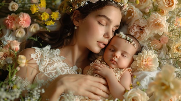 A woman is holding a baby in a flower bed photo