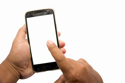 Hand holding and touching smart phone with white screen mock up PNG. white smartphone display mockup in hand isolated on white photo