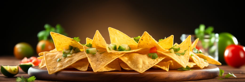 AI generated Tortilla chips and guacamole platter with copy space for text banner, mexican cuisine snack photo