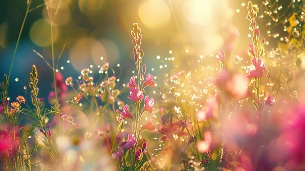 AI generated Colorful Flower Meadow with Sunbeams and Bokeh Lights in Summer. Nature, Background, Banner, Copy Space, Greeting Card, Spring, Floral, Flora, Season, Colourful, Plant, Light, Sun photo