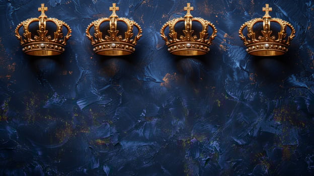 AI generated Three Gold Crowns Lined Up on Blue Wall photo