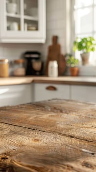 Rustic Wooden Tabletop with Blurred Kitchen Backdrop photo