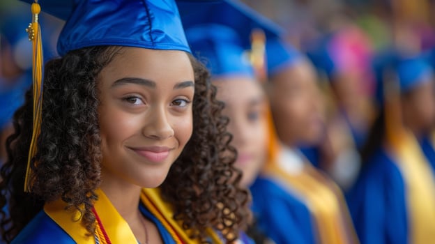 Female student at graduation ceremony wearing in caps and gowns, closeup of her face, blurred students on the background photo