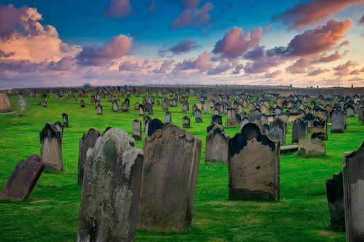 Monastery Cemetery at sunset in Whitby, North Yorkshire, UK photo