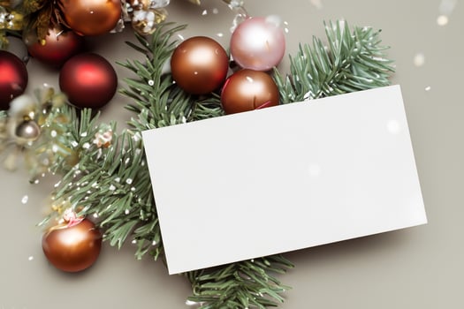 Beautiful Mockup White Card with Christmas Ornaments, A Festive Touch for Your Holiday Greetings photo