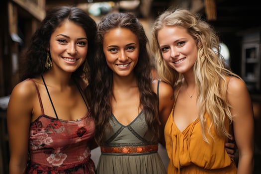 Portrait of three girls of different national appearance, girls in summer dresses. photo