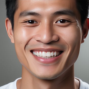 An Asian looking man smiling and having beautiful white and straight teeth. photo