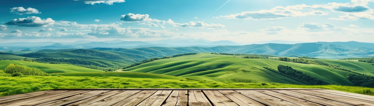 AI generated A wooden podium offers a breathtaking view of vibrant green rolling hills under a blue sky photo