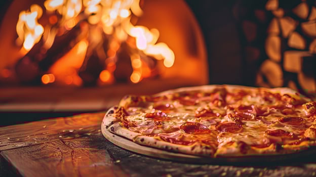 AI generated A delicious homemade pizza with melting cheese and pepperoni is baking inside a traditional stone oven photo