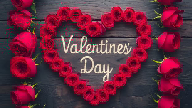 AI generated Valentines Day holiday red roses flower border over wood background photo