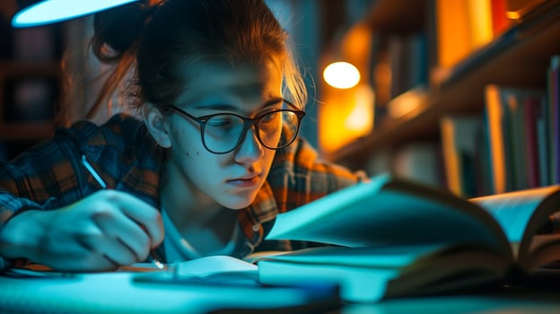 Schoolgirl doing homework in library at night. Education and knowledge concept. photo