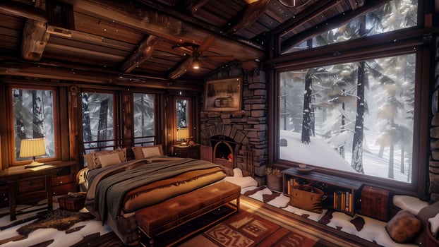 3d render of a cozy winter living room with fireplace and christmas tree photo
