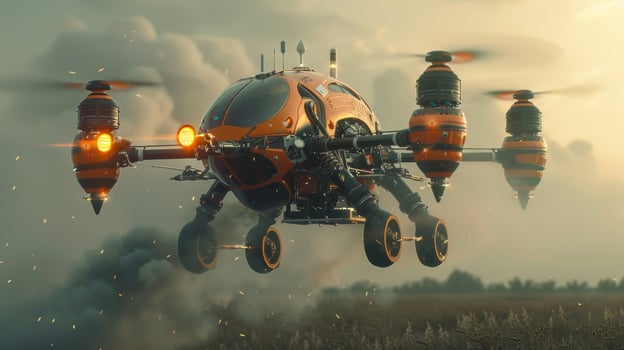 AI generated Military unmanned aerial vehicle UAV patrolling the area above the city photo