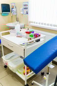 Medicine kit for blood test in professional clinic. Table with necessary equipment. photo