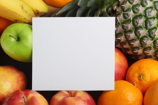 Card and White Paper Mockup Harmonized with Fresh Fruit, Crafting a Visual Symphony of Artful Design and Culinary Delight, Where Wholesome Ingredients Merge in a Feast of Vibrant Imagery photo