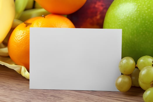 Card and White Paper Mockup Harmonized with Fresh Fruit, Crafting a Visual Symphony of Artful Design and Culinary Delight, Where Wholesome Ingredients Merge in a Feast of Vibrant Imagery photo