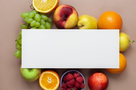 Card and White Paper Mockup Harmonized with Fresh Fruit, Crafting a Visual Symphony of Artful Design and Culinary Delight, Where Wholesome Ingredients Merge in a Feast of Vibrant Imagery photo