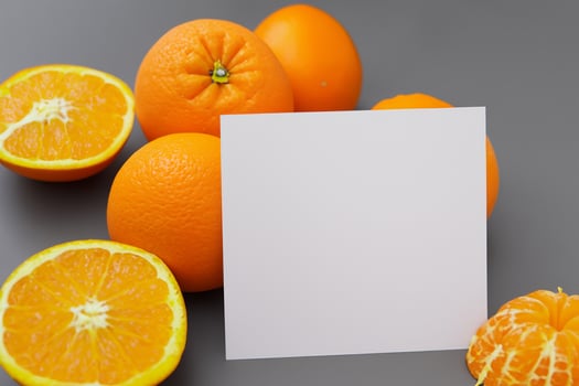 Generated imageWhite Paper Mockup Enlivened by the Zesty Aura of Fresh Oranges, Crafting a Visual Symphony of Culinary Opulence and Wholesome Design photo