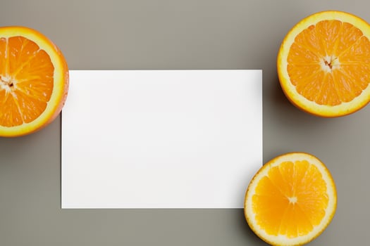Generated imageWhite Paper Mockup Enlivened by the Zesty Aura of Fresh Oranges, Crafting a Visual Symphony of Culinary Opulence and Wholesome Design photo