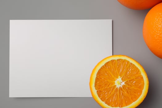 Generated imageWhite Paper Mockup Enlivened by the Zesty Aura of Fresh Oranges, Crafting a Visual Symphony of Culinary Opulence and Wholesome Design photo