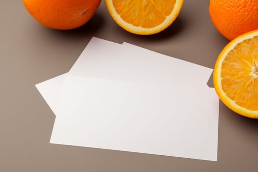 White Paper Mockup Enlivened by the Zesty Aura of Fresh Oranges, Crafting a Visual Symphony of Culinary Opulence and Wholesome Design photo