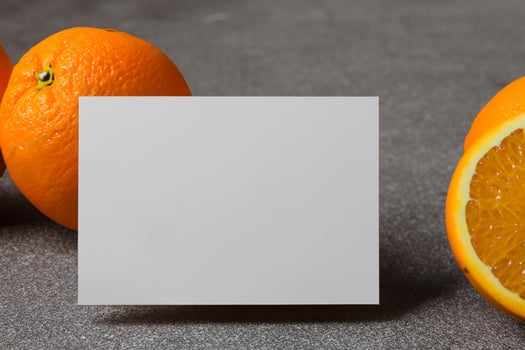 White Paper Mockup Enlivened by the Zesty Aura of Fresh Oranges, Crafting a Visual Symphony of Culinary Opulence and Wholesome Design photo