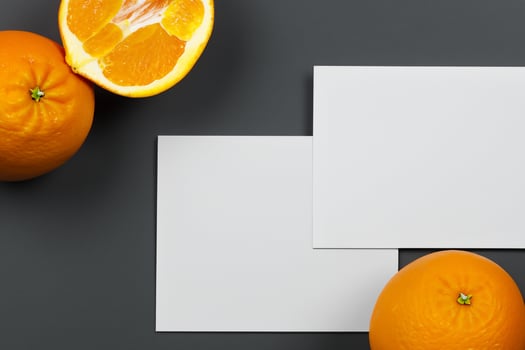 White Paper Mockup Enlivened by the Zesty Aura of Fresh Oranges, Crafting a Visual Symphony of Culinary Opulence and Wholesome Design photo