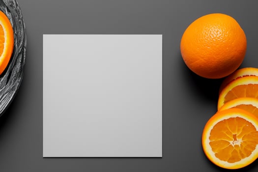 White Paper Mockup Enlivened by the Zesty Aura of Fresh Oranges, Crafting a Visual Symphony of Culinary Opulence and Wholesome Design photo