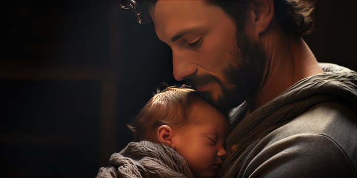 AI generated Photo Father and newborn baby. The theme of family, child protection. Generative AI