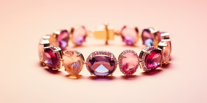 AI generated Beautiful simple bracelet of various pink stones on peach background. Generative AI photo