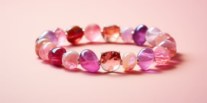 AI generated Beautiful simple bracelet for girl made of pink stones on a pink background.Generative AI photo