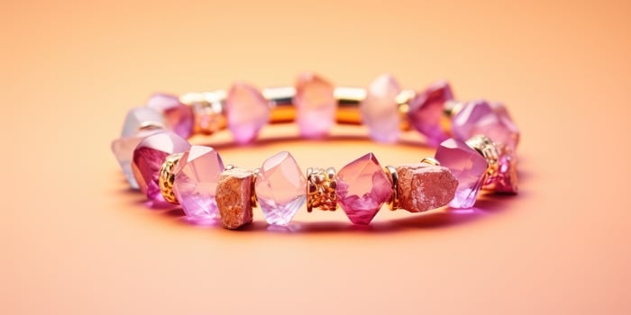 AI generated Beautiful simple bracelet of various pink stones on peach background. Generative AI photo