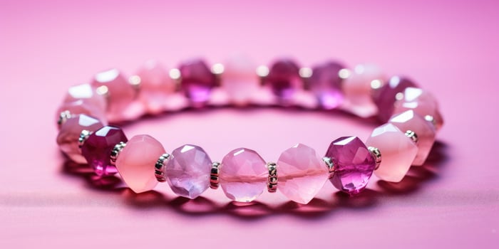 AI generated Beautiful simple bracelet for girl made of pink stones on a pink background.Generative AI photo